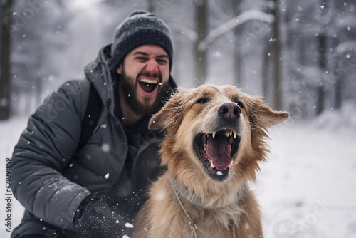 A young latin male is playing happily with the dog in the snow with in a winter coat with a winter hat in a in snow covered forest during day in winter while snowing
