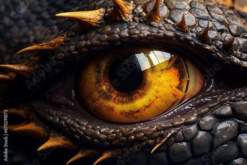A close up of a dragon eye: is a stunning photo macro with of an eyeball with a yellow iris and round shaped pupil and dark scaly skin : a detailed eyeball close up
