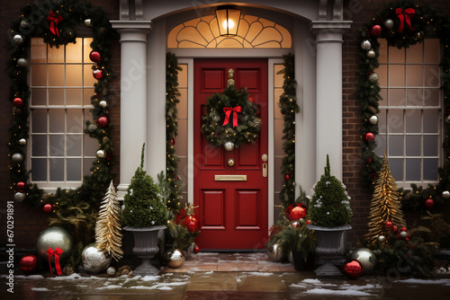 An old glass front door is decorated brightly with christmas and new years decoration the place seen from the exterior typical christmas wreath and ornamental decoration