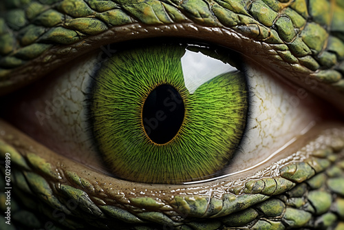 A close up of a dragon eye: is a stunning photo macro with of an eyeball with a green iris and round shaped pupil and light colored scaly skin : a detailed eyeball close up photo