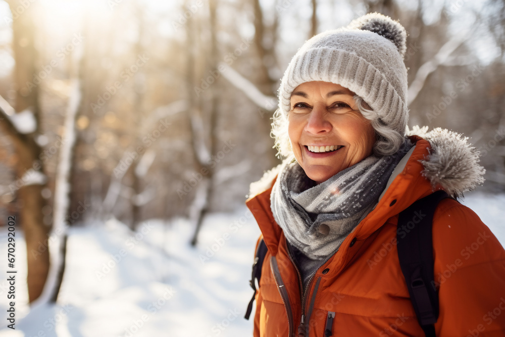 A senior latin woman is walking happily with a winter coat and a winter hat in a in snow covered forest during day in winter on a bright day A senior latin woman is walking happily with a winter coat and a winter hat in a in snow covered forest during day in winter on a bright day