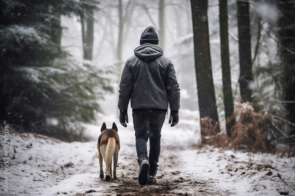 A young african american male is walking happily with the dog with in a winter coat with a winter hat in a in snow covered forest during day in winter while snowing