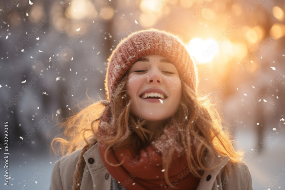 A young caucasian woman is playing in the snow happily with a winter coat and a winter hat in a in snow covered forest during sunset in winter while snowing A young caucasian woman is playing in the snow happily with a winter coat and a winter hat in a in snow covered forest during sunset in winter while snowing
