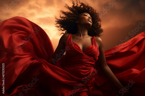 A beautiful stunning african american woman is wearing a dress with eyes closed with flying waving red fabric with a sky as background ; a full waving red dress