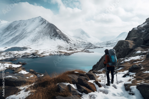 A distant photo of a female mountaineer is hiking to a rock in front of a mountain lake with walking poles on a in snow covered mountain hill with a trail of footsteps in a snowstorm