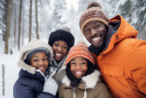 A happy african american family is posing playfully in front of the camera with winter coats and wearing winter hats in a in snow covered forest during a bright day in winter while snowing