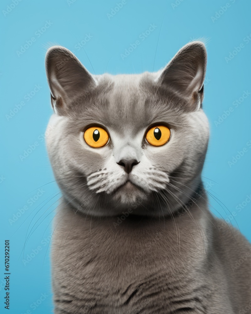 a grey cat looks forward in front of a blue background.