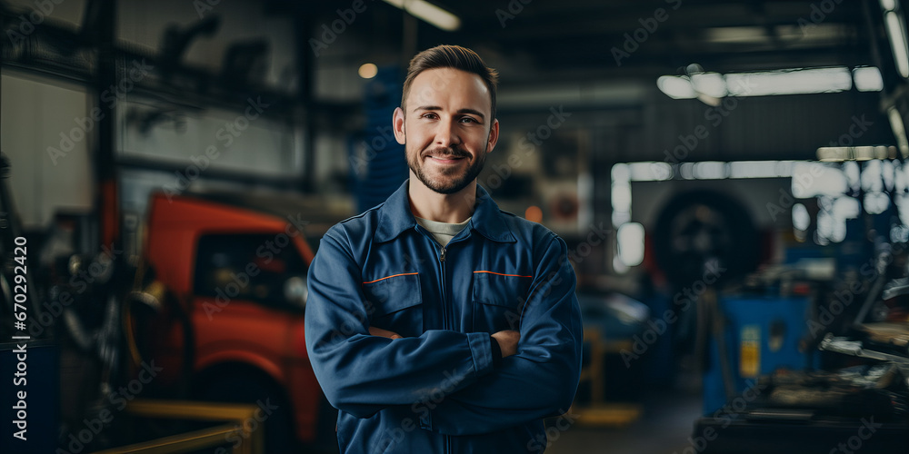 Panoramic Portrait of Happy Automotive Technician in Car Repair Workshop Panoramic Portrait of Happy Automotive Technician in Car Repair Workshop