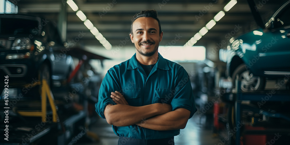 Smiling Car Mechanic with Crossed Arms in Auto Repair Shop Smiling Car Mechanic with Crossed Arms in Auto Repair Shop