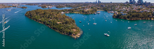 Panoramic aerial drone view of Berrys Bay, Balls Head Reserve and Waverton Peninsula on the lower North Shore of Sydney, New South Wales, Australia on a sunny day 