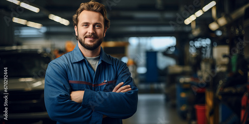 Panoramic Portrait of Happy Automotive Technician in Car Repair Workshop