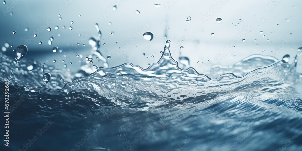 Close-up view of dynamic water splash with droplets against a soft blue background. Close-up view of dynamic water splash with droplets against a soft blue background.