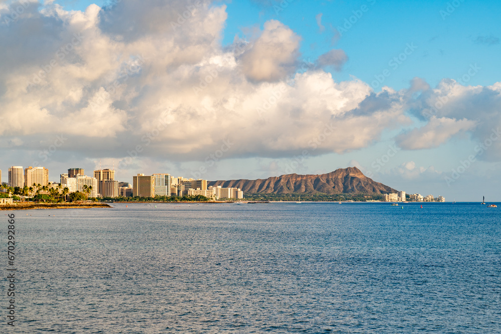 View of  shoreline and Diamond Head in Oahu, Hawaii from the ocean