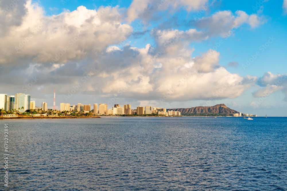 View of  shoreline and Diamond Head in Oahu, Hawaii from the ocean