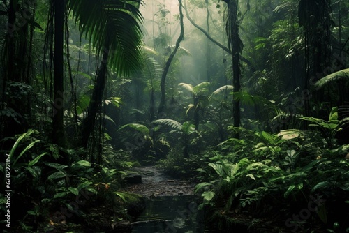 Dark tropical forest. Generative AI © Yvaine