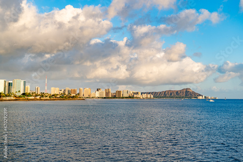 View of shoreline and Diamond Head in Oahu, Hawaii from the ocean