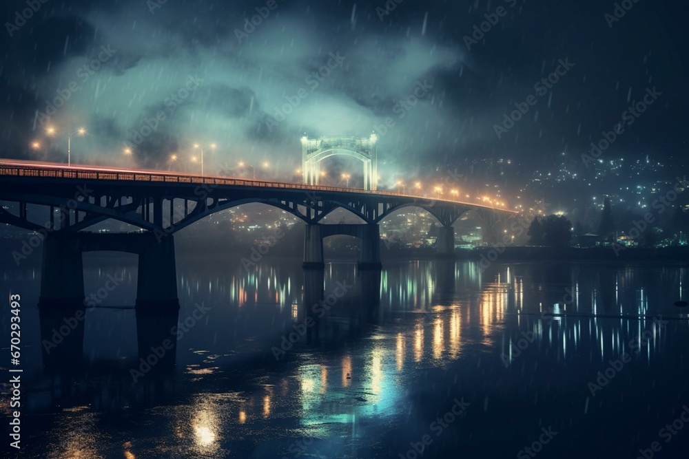 No hints, bridge, river, lights, city, night, background, exposure, lit up. Generative AI