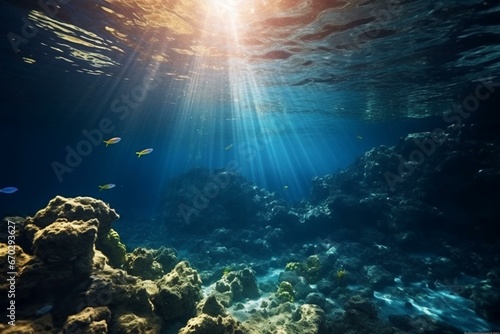 Beautiful underwater ocean illuminated by blue sunlight. Captivating natural scenery. Generative AI