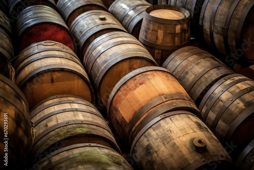 Assortment of whiskey barrels prepared for transportation. Generative AI