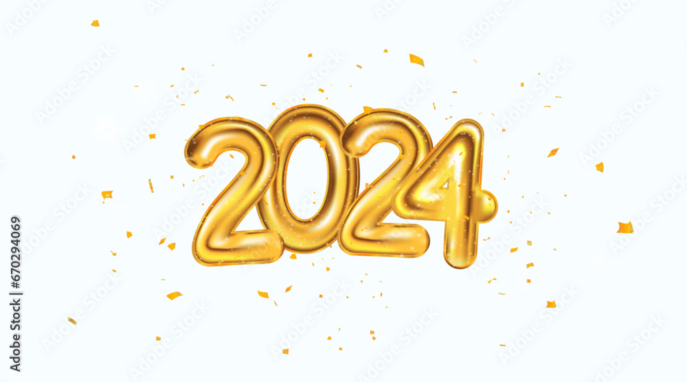 Gold balloons 2024 and confetti on white isolated background. Happy New Year concept. 3D Foil Balloons Numbers - 2024 in realistic style. Banner holiday - Happy New Year. Vector 3D illustration Gold balloons 2024 and confetti on white isolated background. Happy New Year concept. 3D Foil Balloons Numbers - 2024 in realistic style. Banner holiday - Happy New Year. Vector 3D illustration