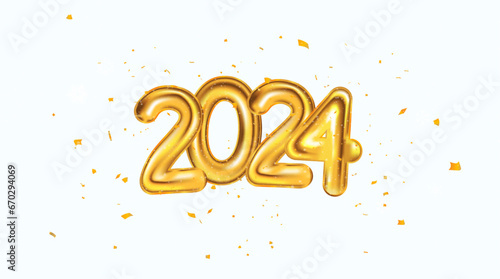 Gold balloons 2024 and confetti on white isolated background. Happy New Year concept. 3D Foil Balloons Numbers - 2024 in realistic style. Banner holiday - Happy New Year. Vector 3D illustration