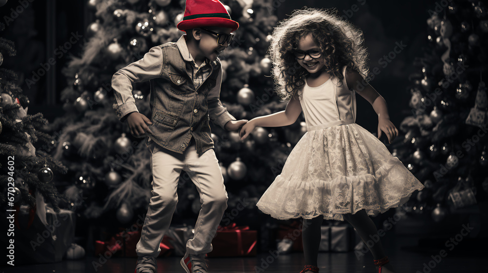 Kids dancing in front of the Christmas tree - Christmas attire - holiday spirit - festive - celebrate - dance 
