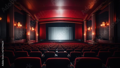 White Glowing Screen Shines Behind Striking Red Curtains in the Cinema Hall
