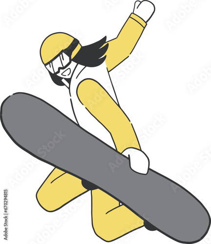 スノーボードでジャンプして技をきめる女性のイラスト素材