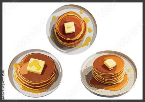 メイプルシロップのしたたる美味しそうなパンケーキ（ホットケーキ）