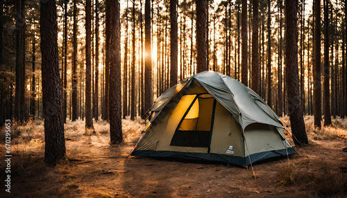 Pine Forest Retreat: As the sun sets, a cozy camping tent stands amidst a serene pine forest