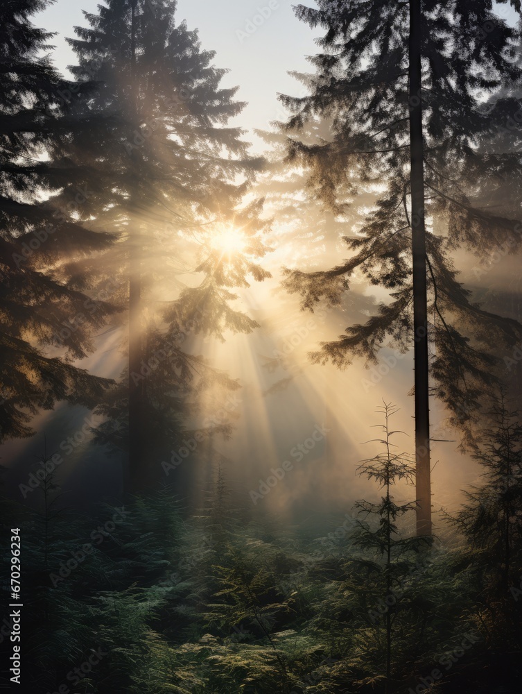 A misty sunrise with tall evergreen trees. Generative AI. 