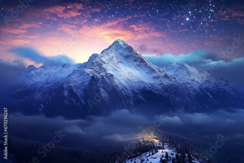 Winter night panorama of the Milky Way over the Tatras mountains in Poland. Zgorzelisko clearing. Generative AI