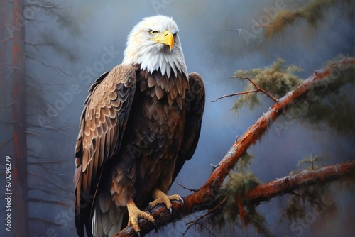 Bald eagle perched on a branch, captivating gaze, vibrant feathers. Generative AI