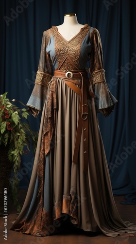 Illustration, dress on a mannequin in the style of the Middle Ages, photo for the store, background fitting room. Haute couture period dress, princess theater costume