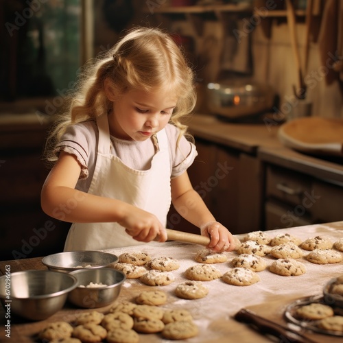 child baking cookies with a look of concentration generative ai