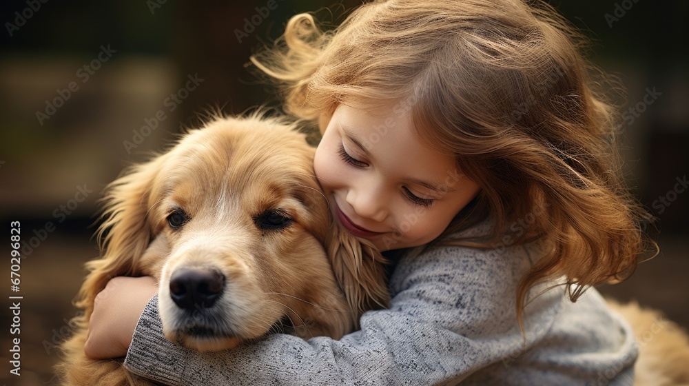 child hugging a friendly pet, showing affection generative ai child hugging a friendly pet, showing affection generative ai