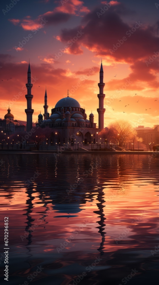 Wallpaper of a Mosque Silhouette against a Colorful Sunset Sky, Generative AI