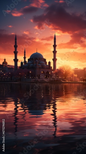 Wallpaper of a Mosque Silhouette against a Colorful Sunset Sky, Generative AI
