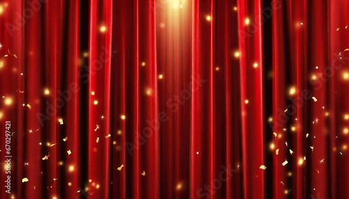 紙吹雪が舞う赤いカーテンのあるステージ。ドレープカーテン素材。紙吹雪。 A stage with a red curtain with falling confetti. Drape curtain material. Confetti.