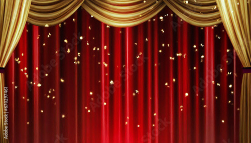                                                                                                          A stage with a red curtain with falling confetti. Drape curtain material. Confetti.