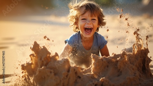 child playing in the sand at the beach, full of joy generative ai