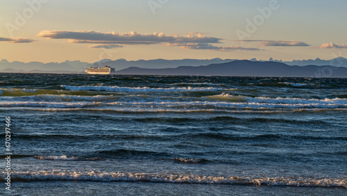 Evening light on BC Ferries off the shore of Hornby Island, British Columbia, Canada photo