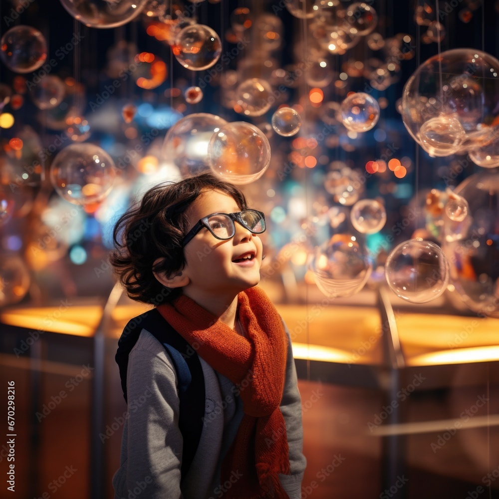 Naklejka premium kid at a science museum, expressing fascination generative ai