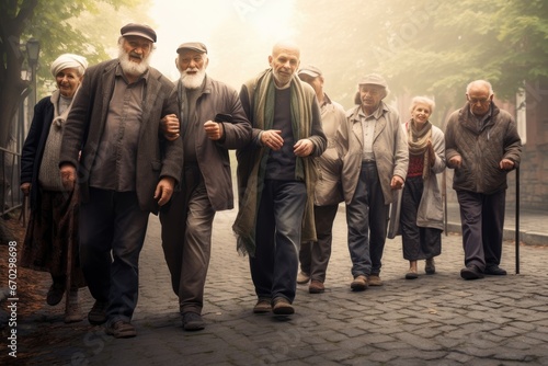 outdoor walking people old group   70s aged buddy cane cheerful couple elderly enjoy enjoying friends friendship fun gathering glad grandfather green group happiness happy health health