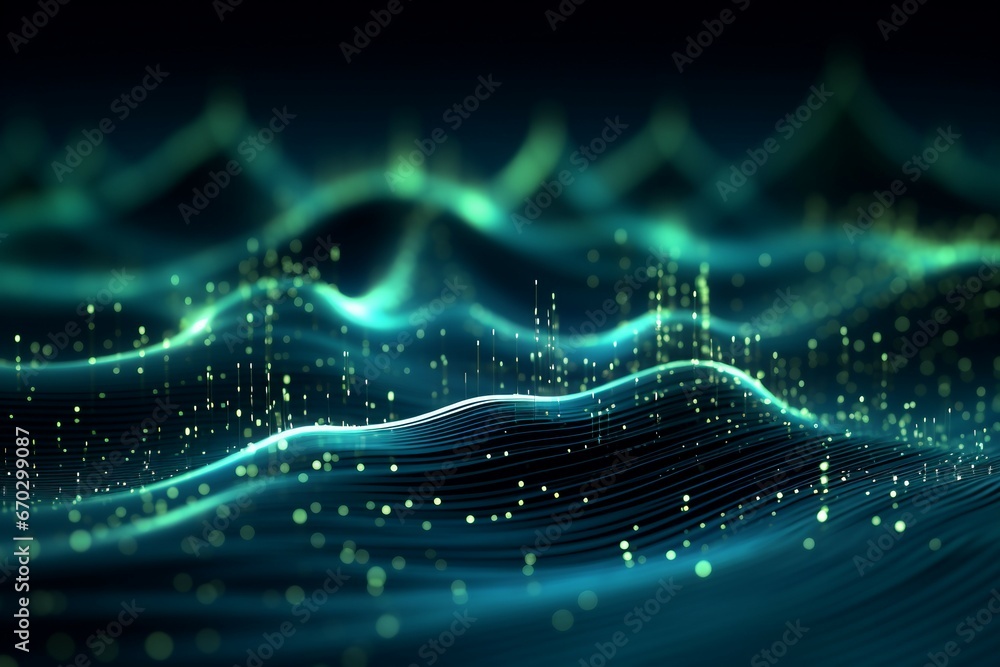 rendering 3d wave dynamic background dots green futuristic flow technology abstract datum innovation sound illustration business digital music dot texture science pattern grid techno - obrazy, fototapety, plakaty 