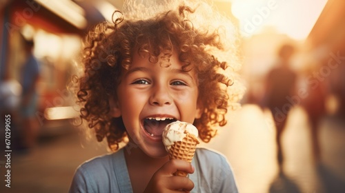 little boy eating ice cream with a big smile. generative ai photo