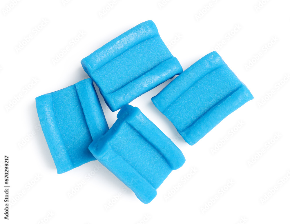 Fototapeta premium Tasty blue bubble gums isolated on white, top view