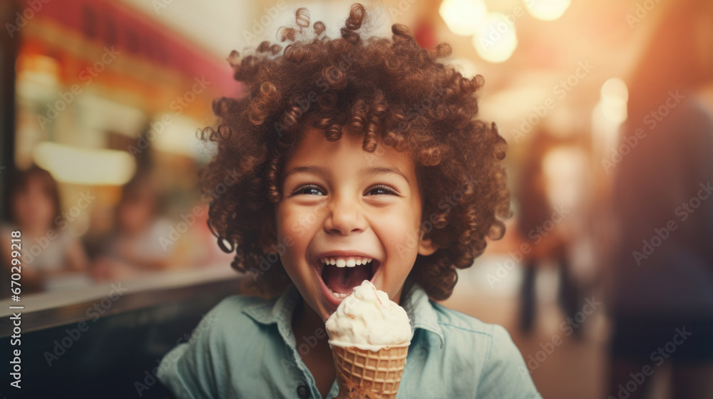 little boy eating ice cream with a big smile. generative ai