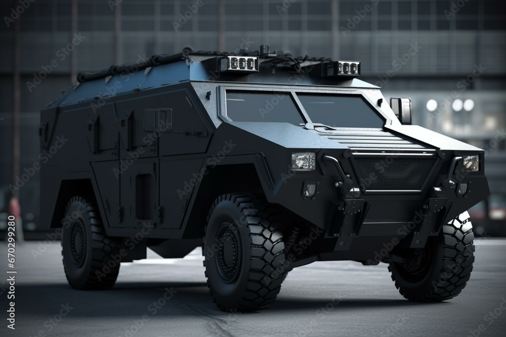 3D rendering of a heavily armored police SWAT vehicle. Generative AI