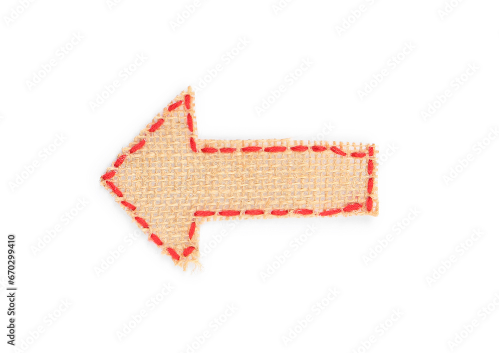 Obraz premium Arrow made of burlap fabric with red stitches isolated on white, top view